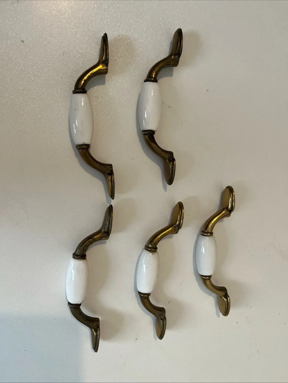Vintage White Ceramic & Brass Cabinet Drawer Pulls  Set of 5 Handles Hardware